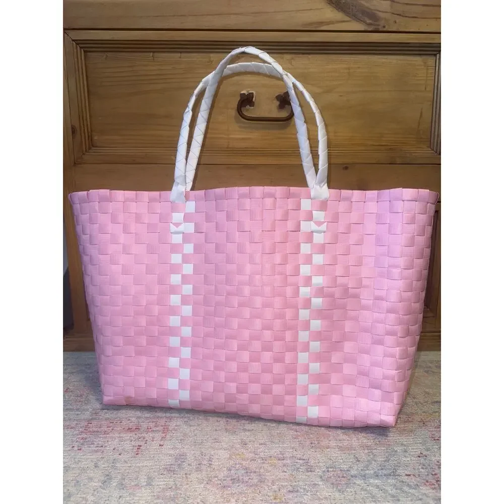 Kate Spade New York Woven Pink Large Tote Bag Weekender Beach Bag Pink